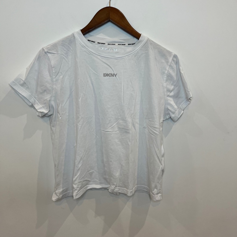 DKNY Sport White Cotton Beaded Logo Short Sleeve T-Shirt Large